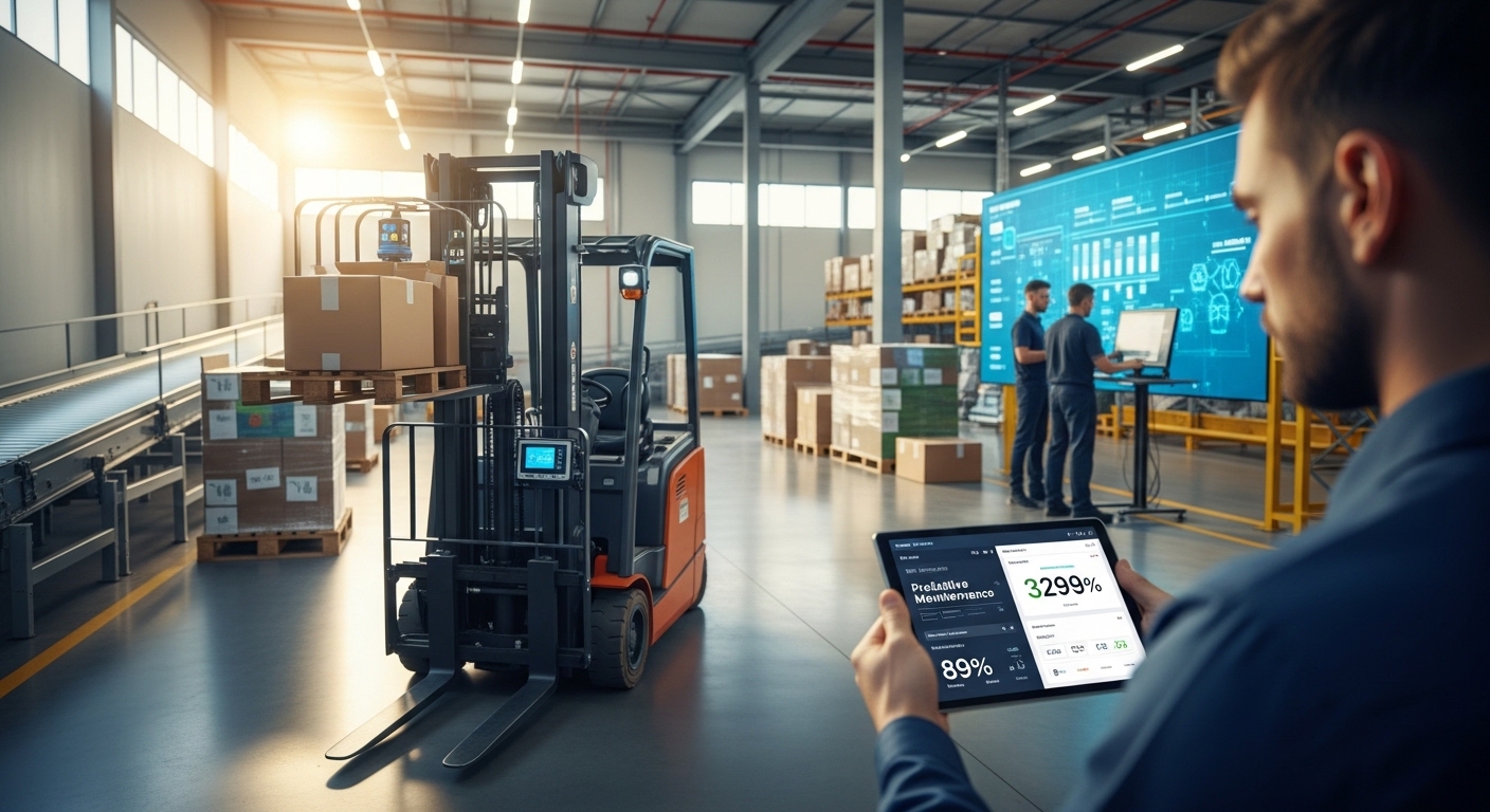Operador de empilhadeira com tablet em armazém inteligente