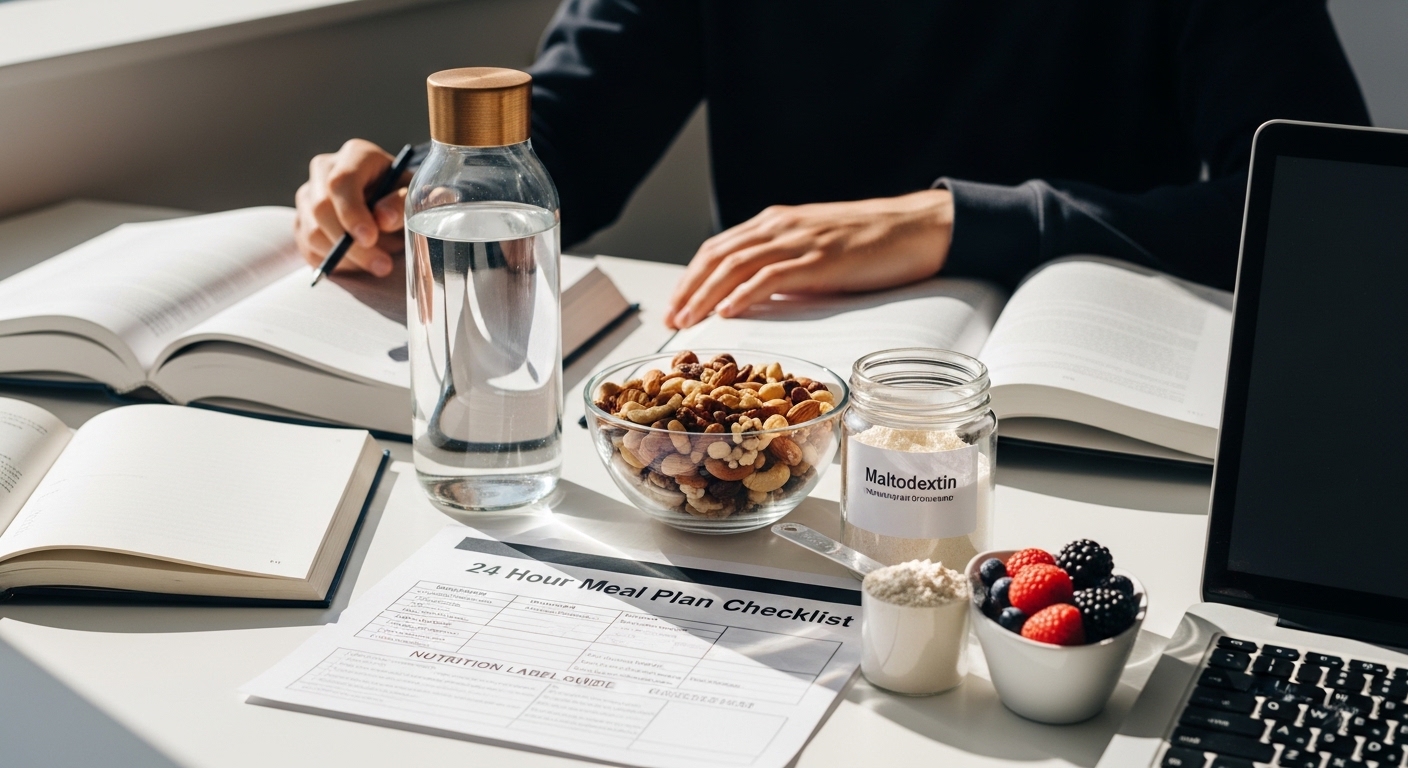 Mesa de estudos com livros, alimentos saudáveis e malto-dextrina