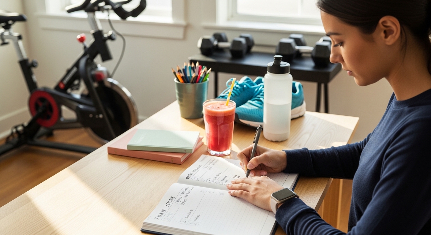 Estudante organizando rotina de estudo e autocuidado com smoothie e checklists