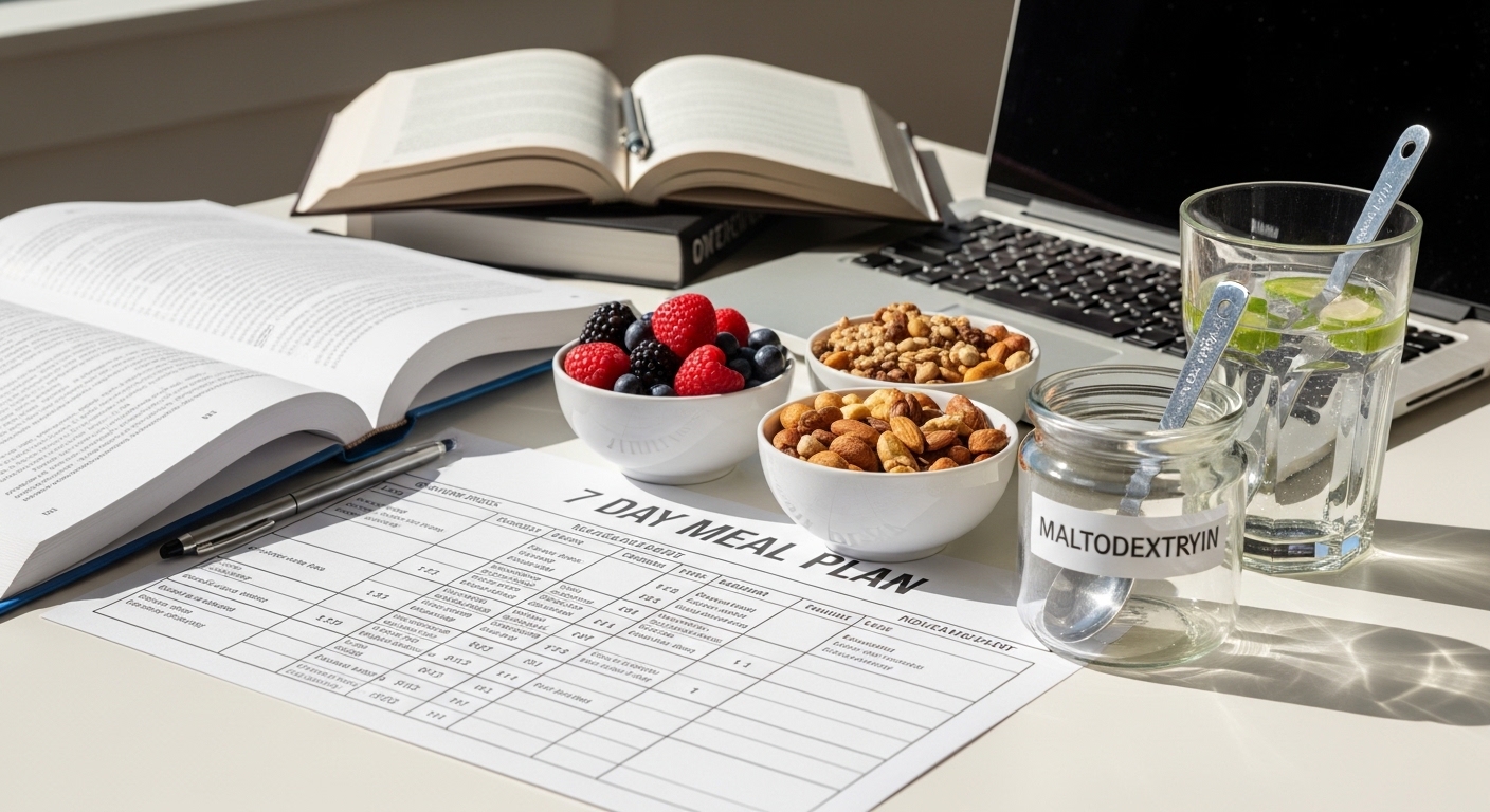 Mesa de estudo com lanches saudáveis e plano alimentar de 7 dias