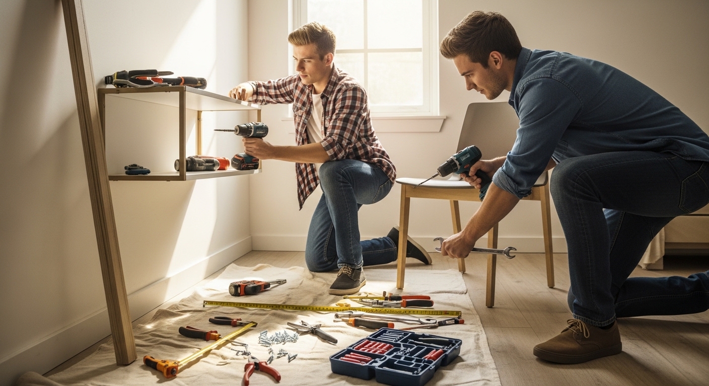 Estudantes montando prateleira no apê com kit de ferramentas