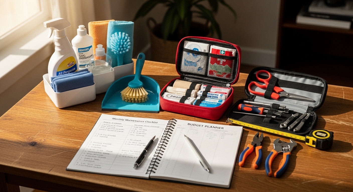 Estudante organiza itens essenciais de limpeza e reparos em apartamento de faculdade