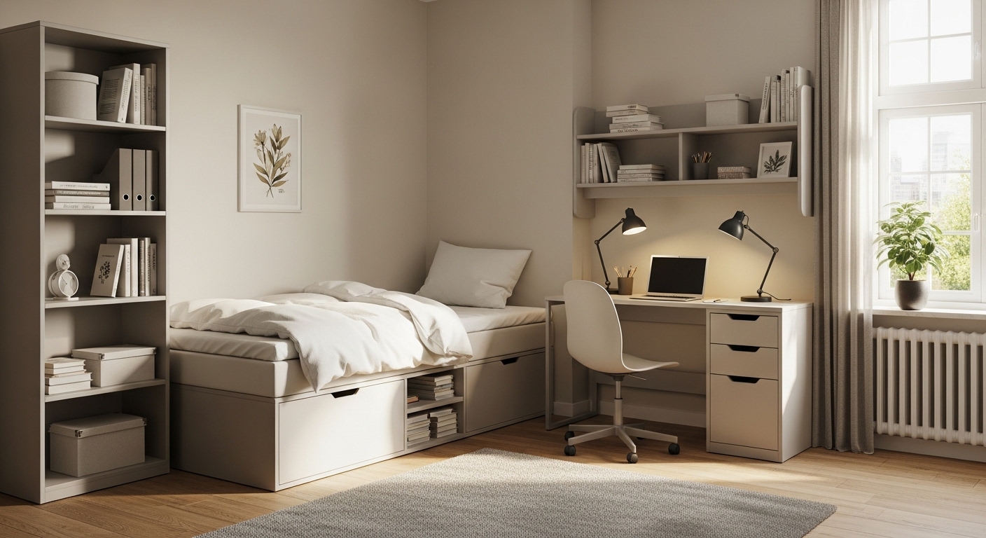 Quarto universitário moderno com cama box e área de estudo organizada