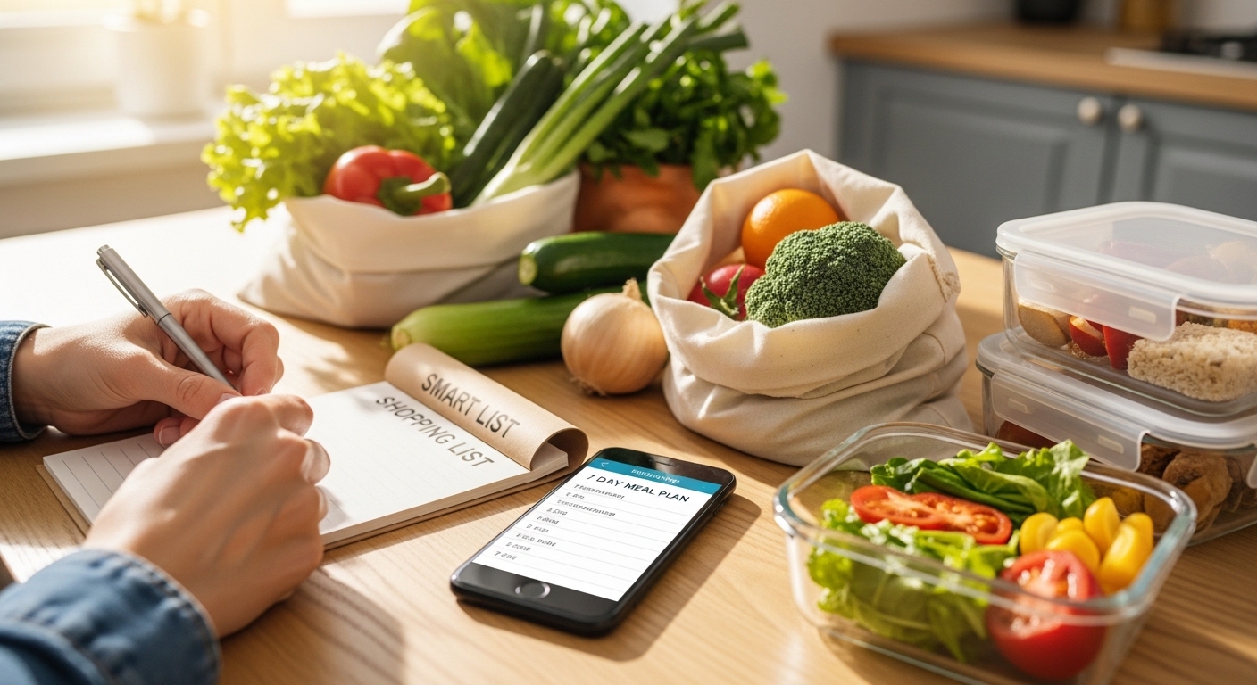 Mãos escrevendo lista de compras em cozinha iluminada com alimentos sazonais e recipientes reutilizáveis