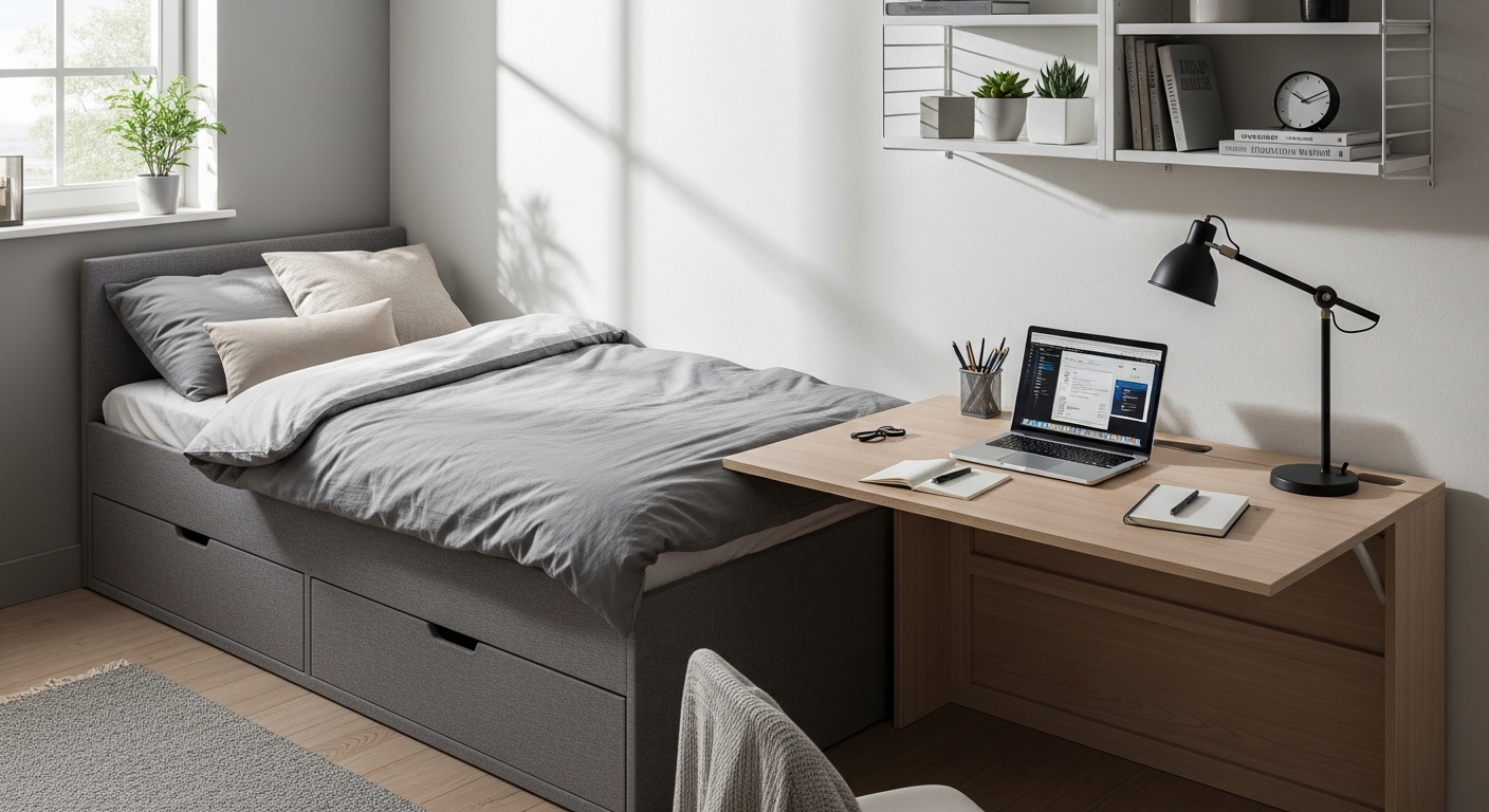Quarto pequeno de estudante com cama box e área de estudo organizada