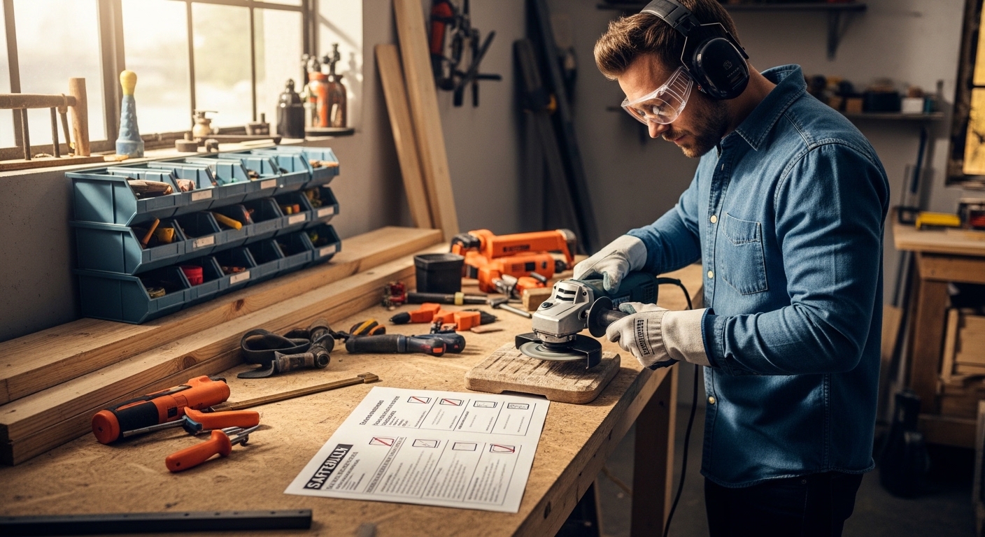 Pessoa usando esmerilhadeira com EPIs em oficina doméstica