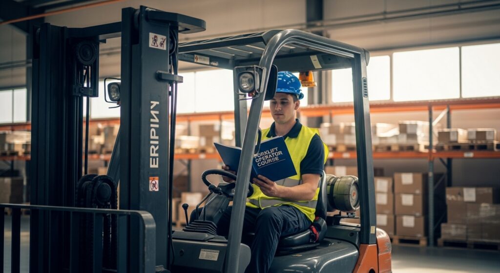 Treinamento de operador de empilhadeira em galpão industrial