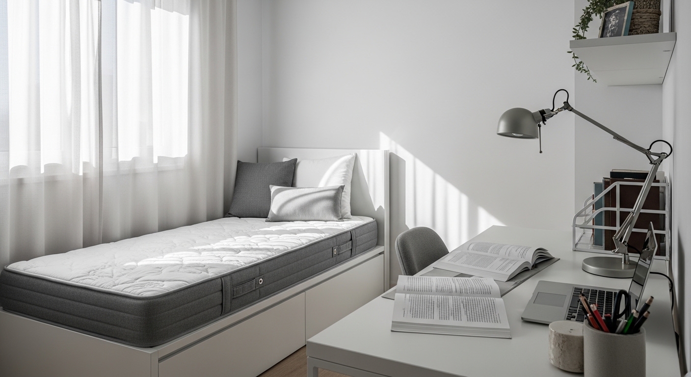 Quarto de estudante minimalista com cama de solteiro e área de estudos iluminada pela manhã