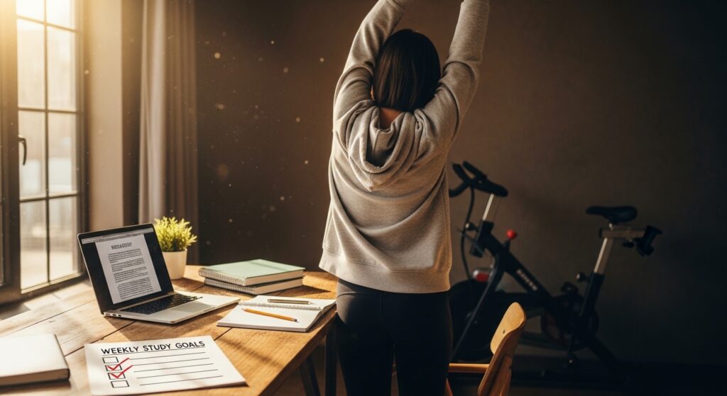 Estudante fazendo alongamento ao lado da mesa de estudos com bicicleta ergométrica ao fundo