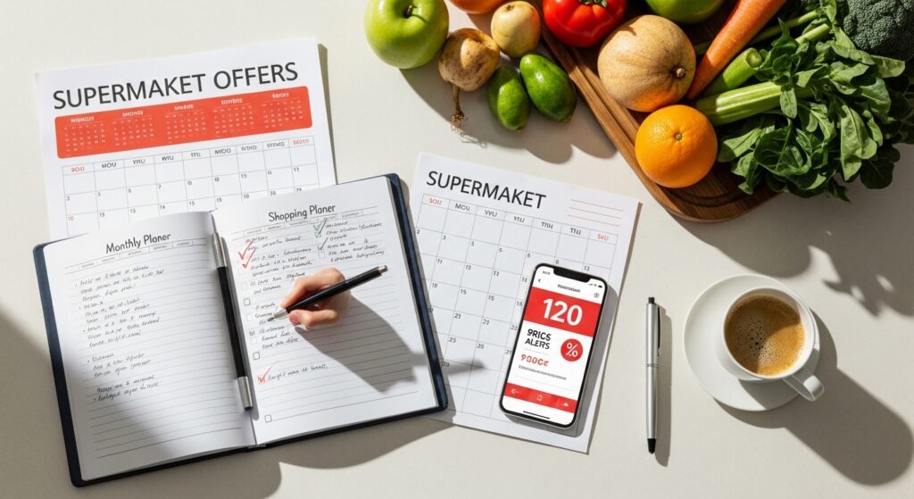 Plano de compras mensal com lista, calendário de ofertas e celular com alertas