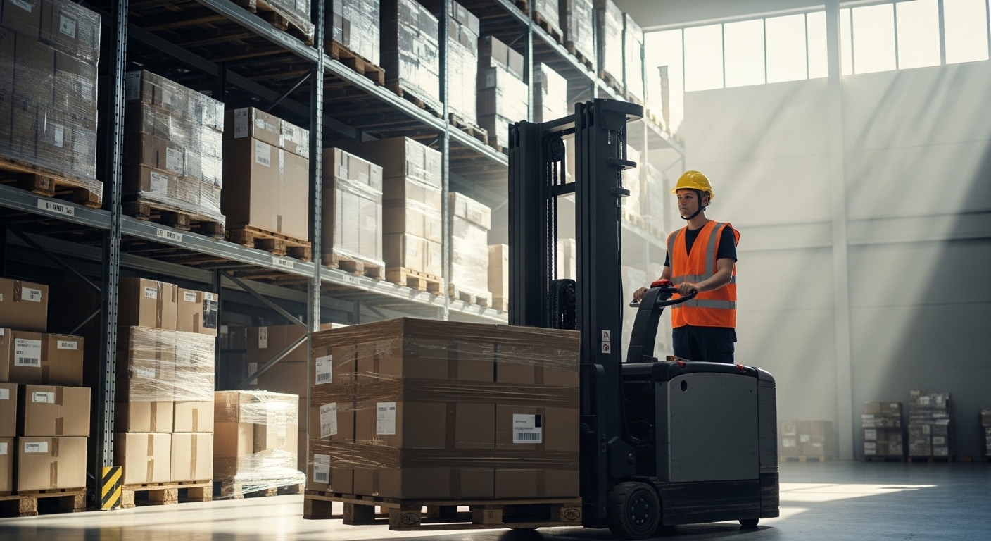 Jovem operando empilhadeira em armazém iluminado