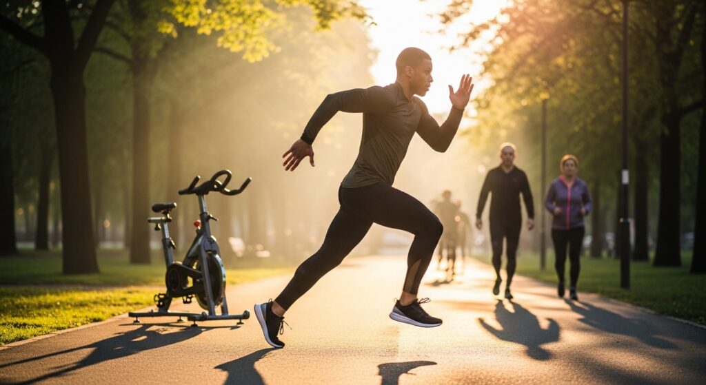 Profissional faz treino intervalado de 20 minutos em parque urbano ao amanhecer