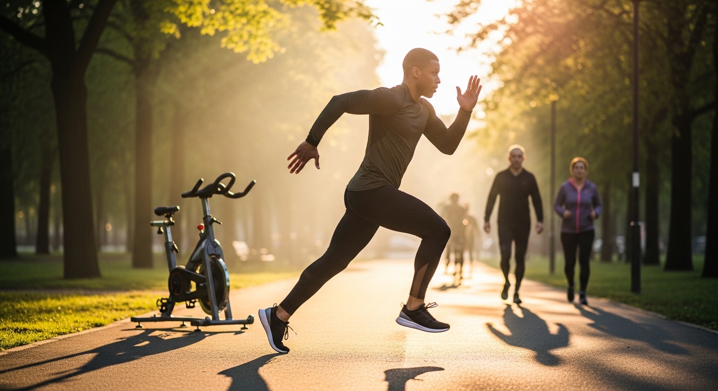 Profissional faz treino intervalado de 20 minutos em parque urbano ao amanhecer