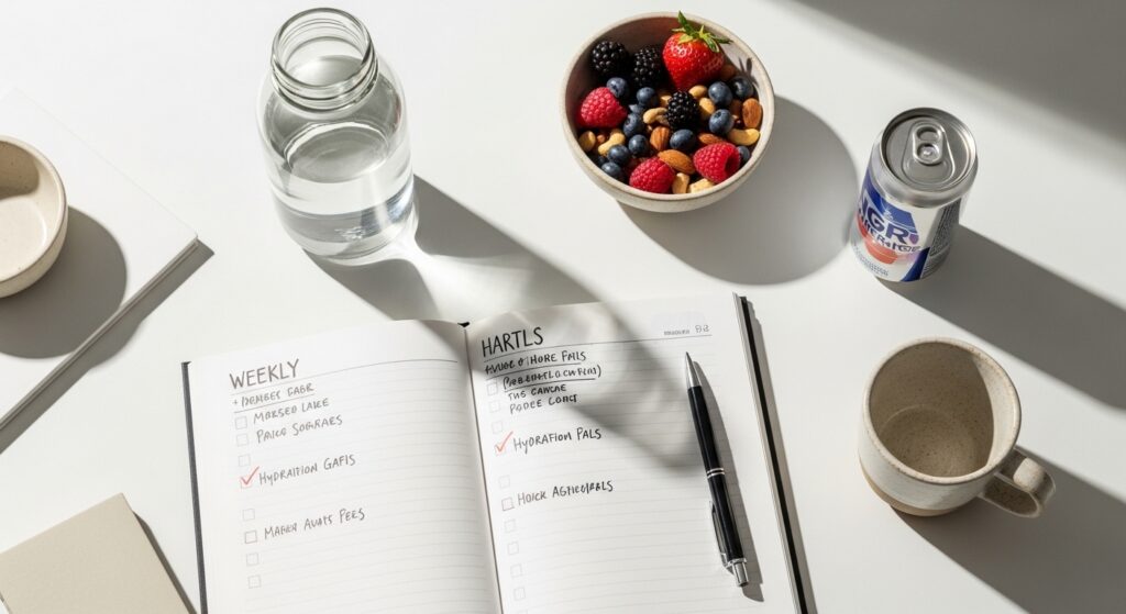 Mesa de trabalho organizada com planner, água e lanche saudável