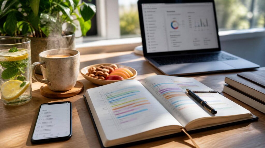 Mesa de trabalho com planner diário, lanches saudáveis e checklist de produtividade