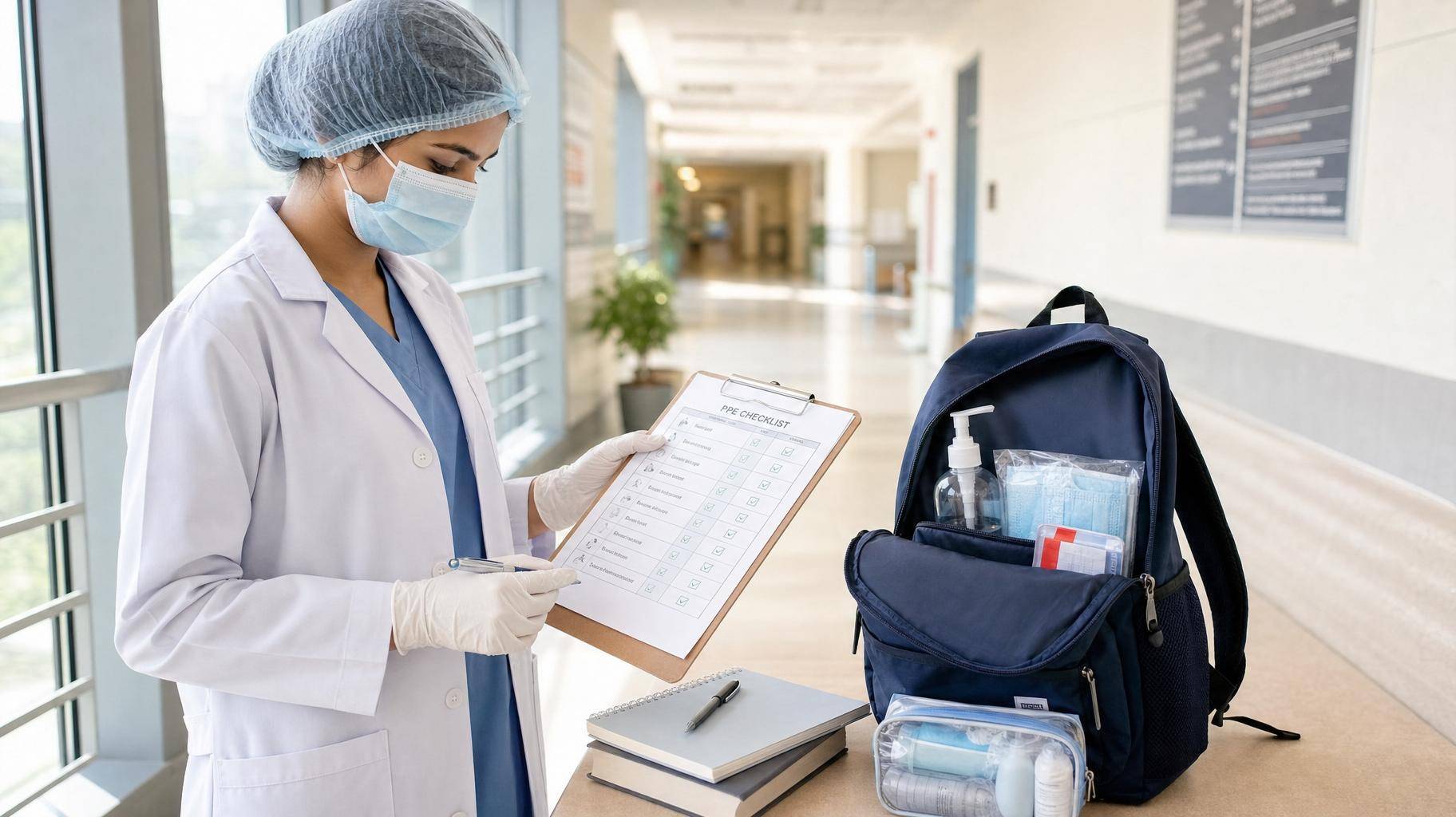 Estagiária de saúde conferindo checklist de EPIs em corredor de hospital